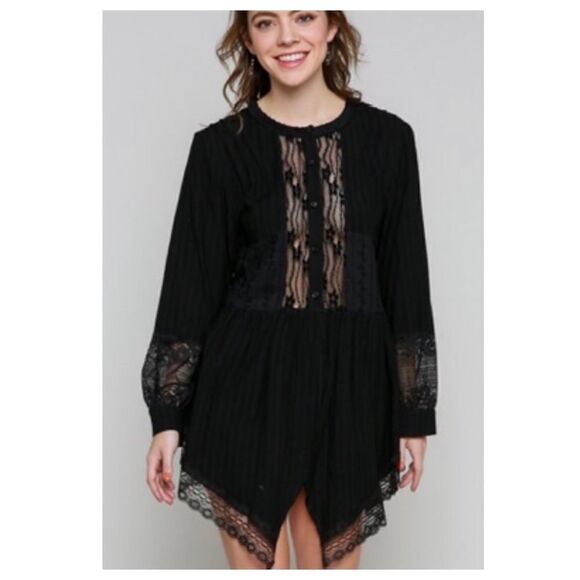 LACE Trim Top W/ China Collar & Shark-bite  Hem - Picture 8 of 10